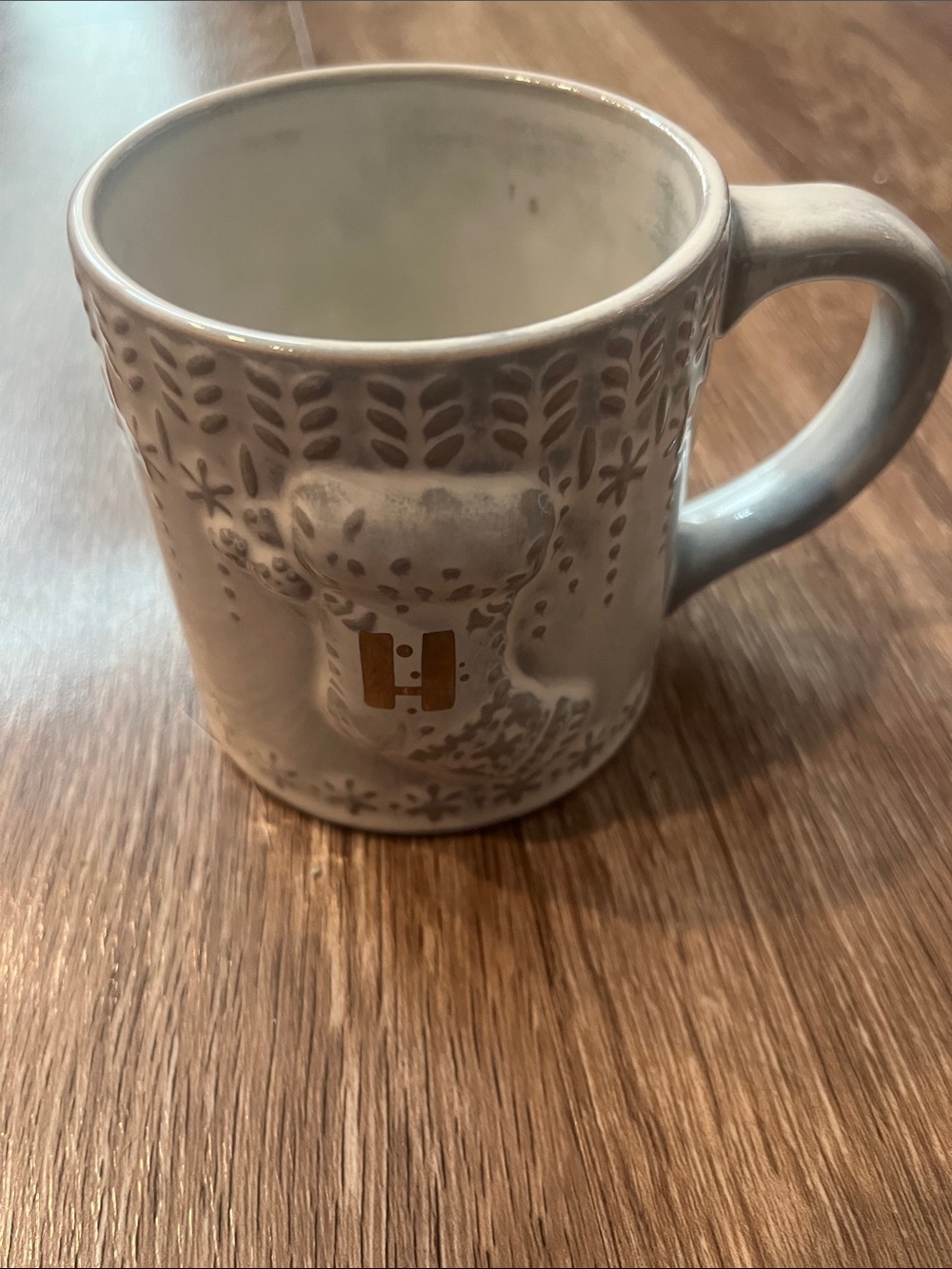 Anthropologie Gray Stoneware Snowcap Mug with Gold ‘H’ initial